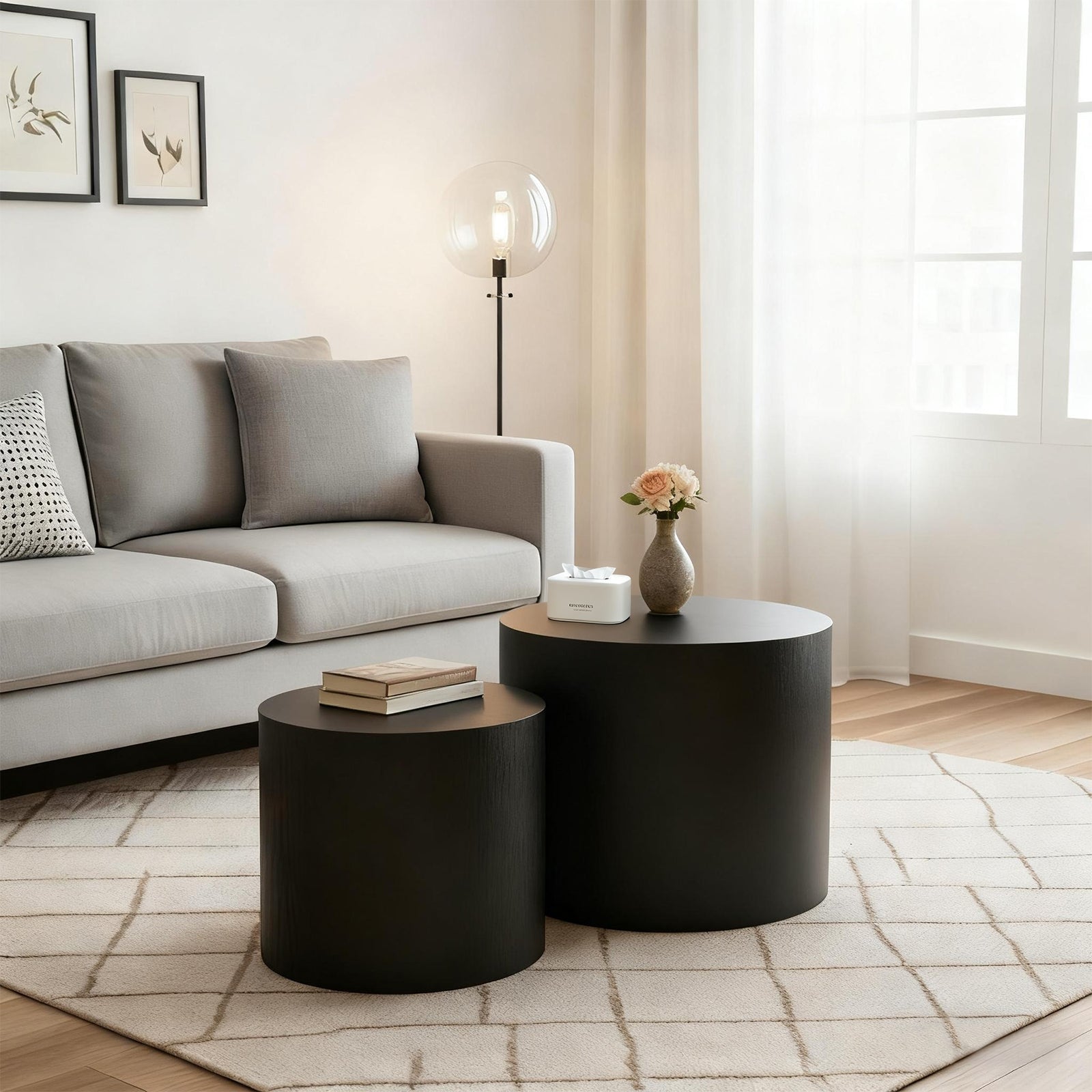Nesting Coffee Table Set of 2, Modern Round Wood Side Tables by HouseOfZazla