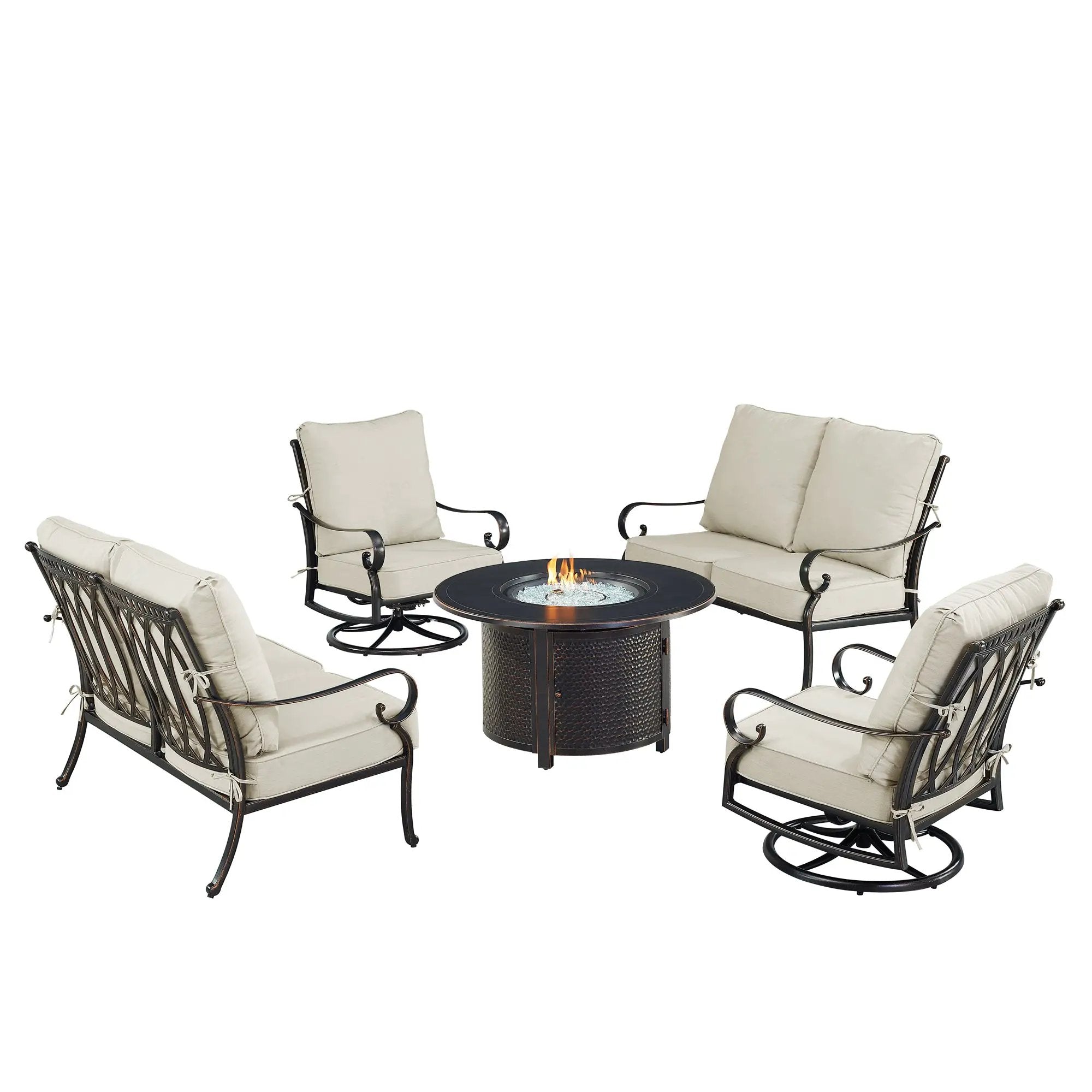Black Aluminum Fire Table Set with Two Loveseats and Two Club Chairs by Sharicks