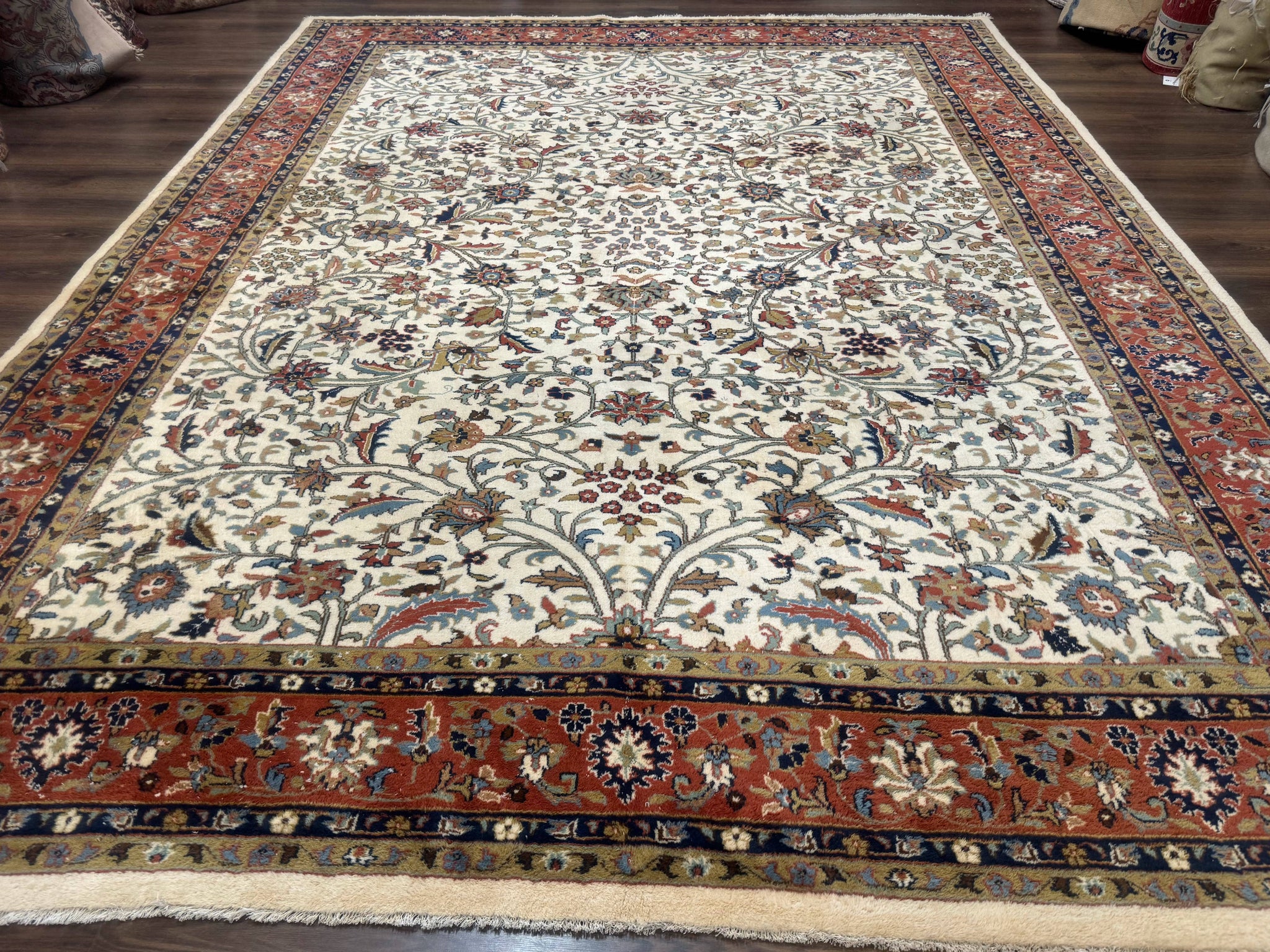 Indo Persian Rug 9x12, Ivory and Red, Traditional Wool Oriental Carpet by Jewel Rugs