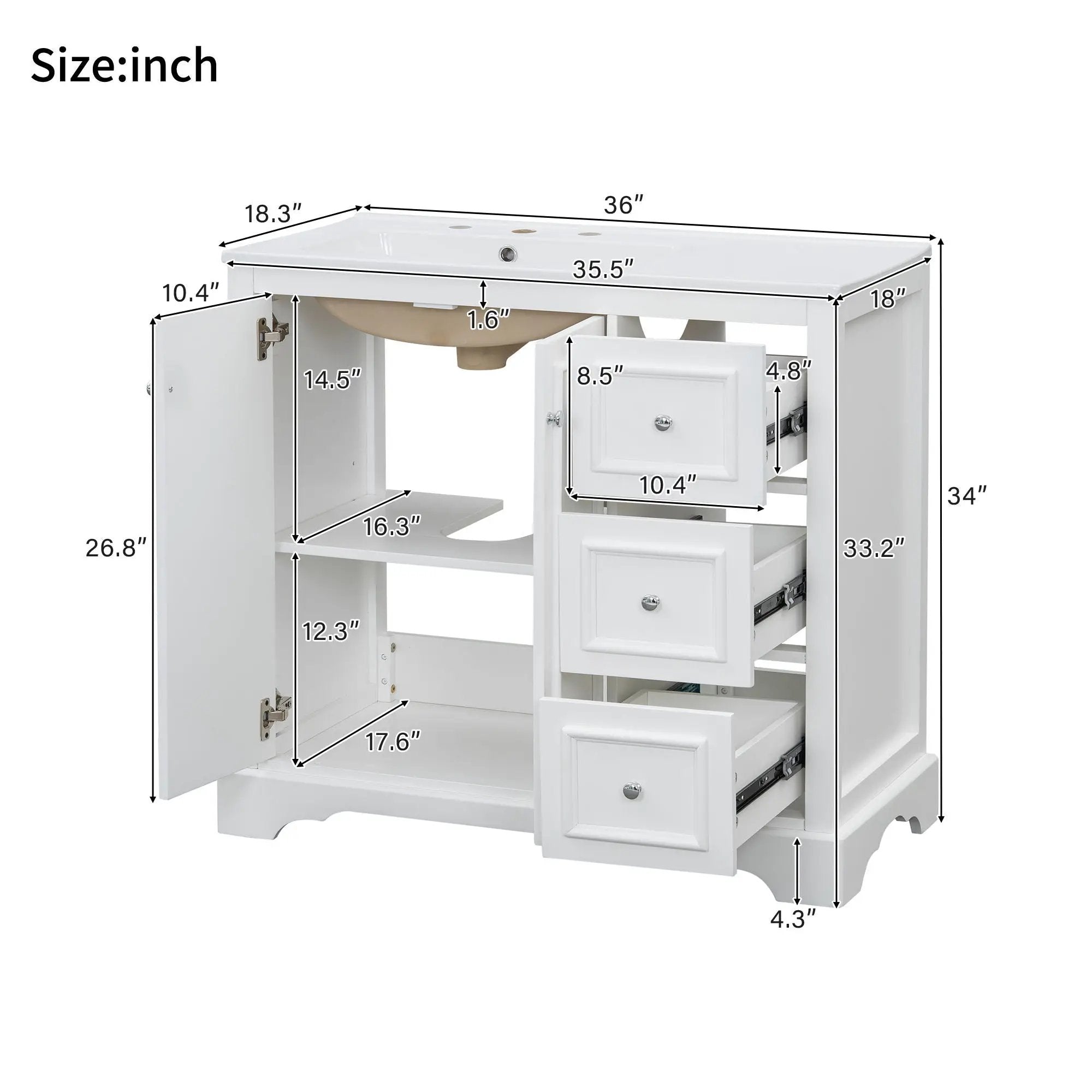 Bathroom Vanity With Sink, Soft-Close Doors, Adjustable U-Shelf, 3 Drawers by Unique Piece Furniture