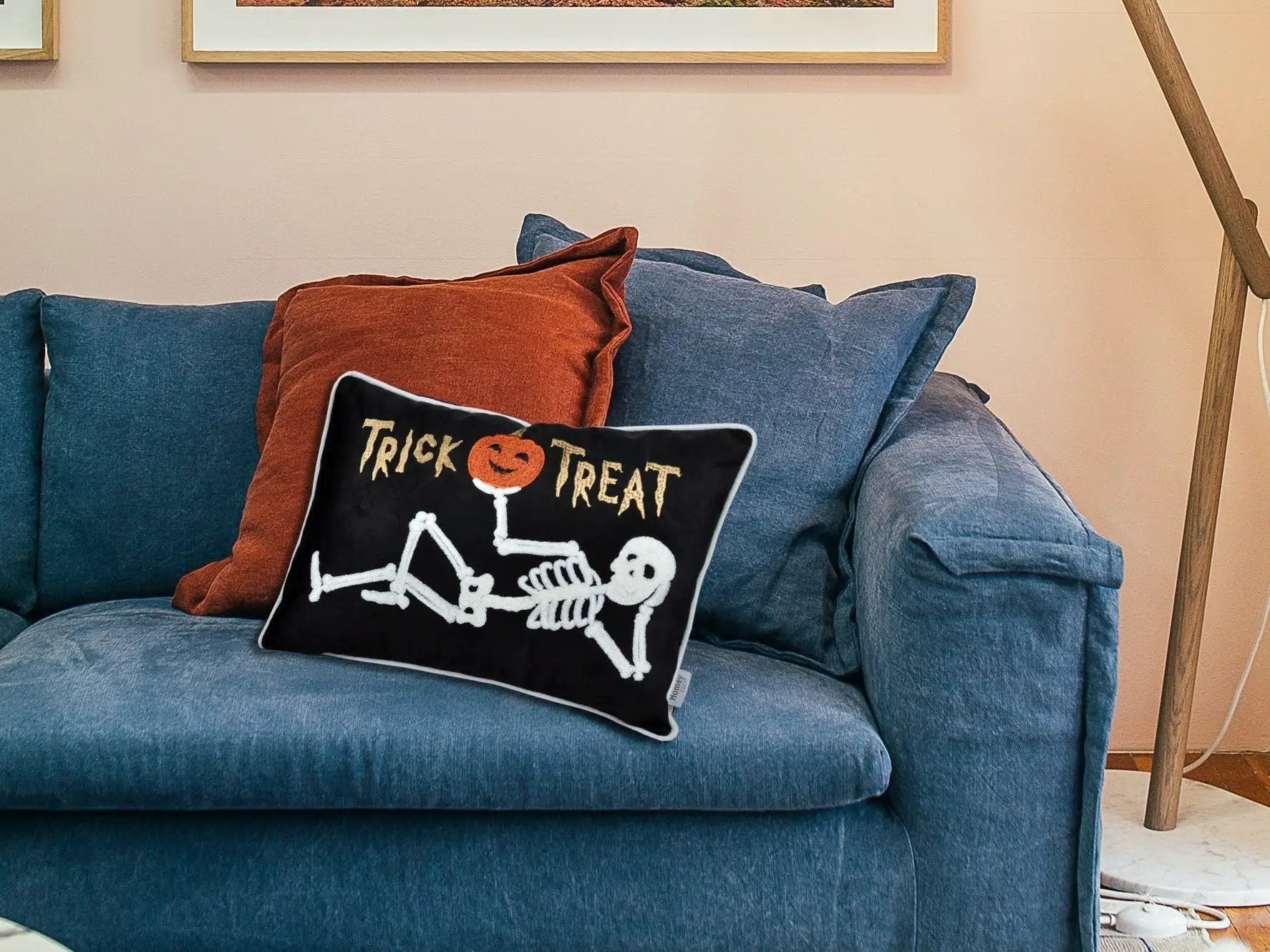 Embroidered Velvet Halloween Skeleton Lumbar Pillow by HouseOfZazla