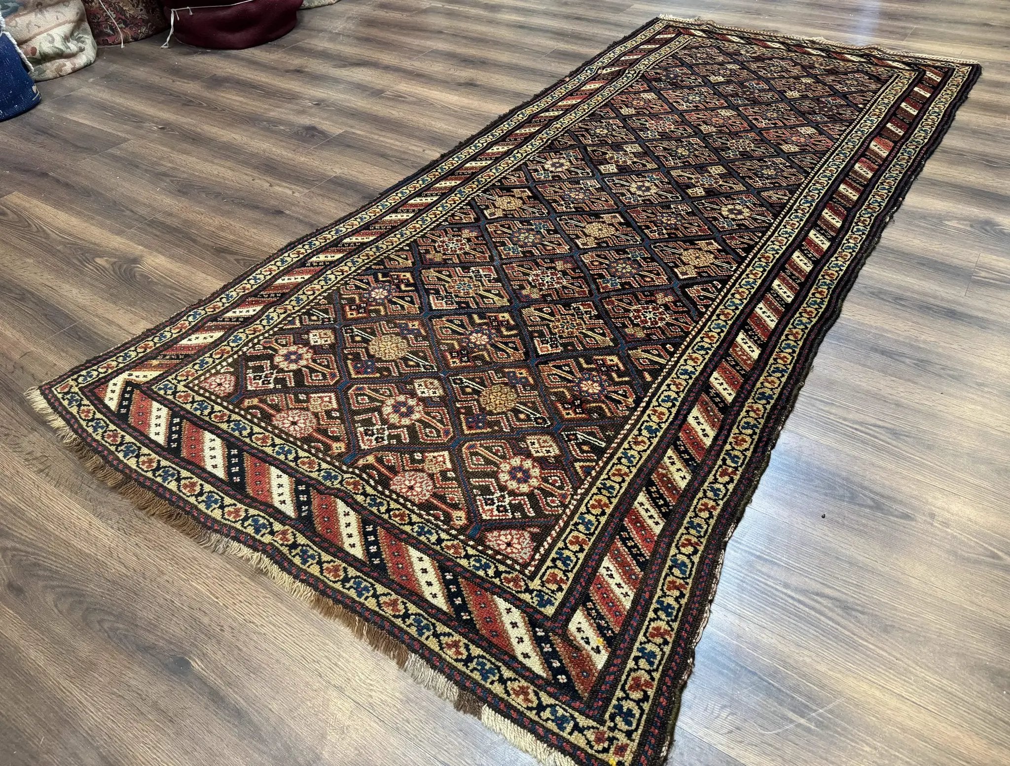 Antique Persian Wide Runner Rug 4x9, Kurdish Rug, Panel Design, Rainbow Border, Rare Tribal Rug by Jewel Rugs