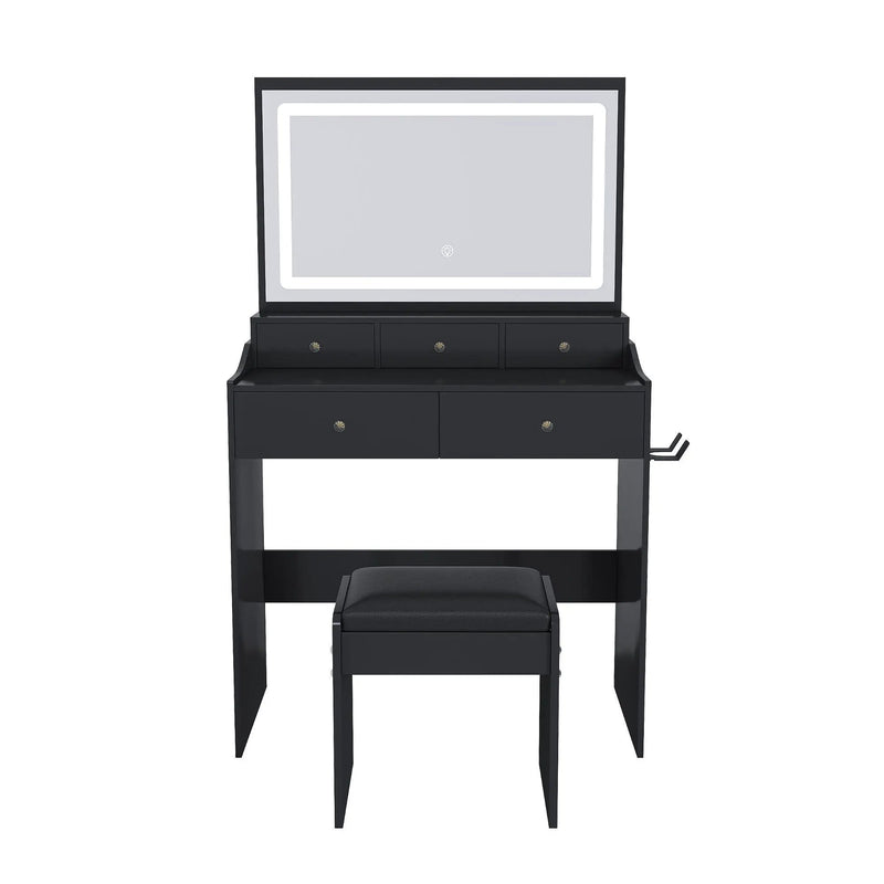 Modern Makeup Vanity Set With Power Outlet, Hair Dryer Holder, And Adjustable Lighting by HouseOfZazla