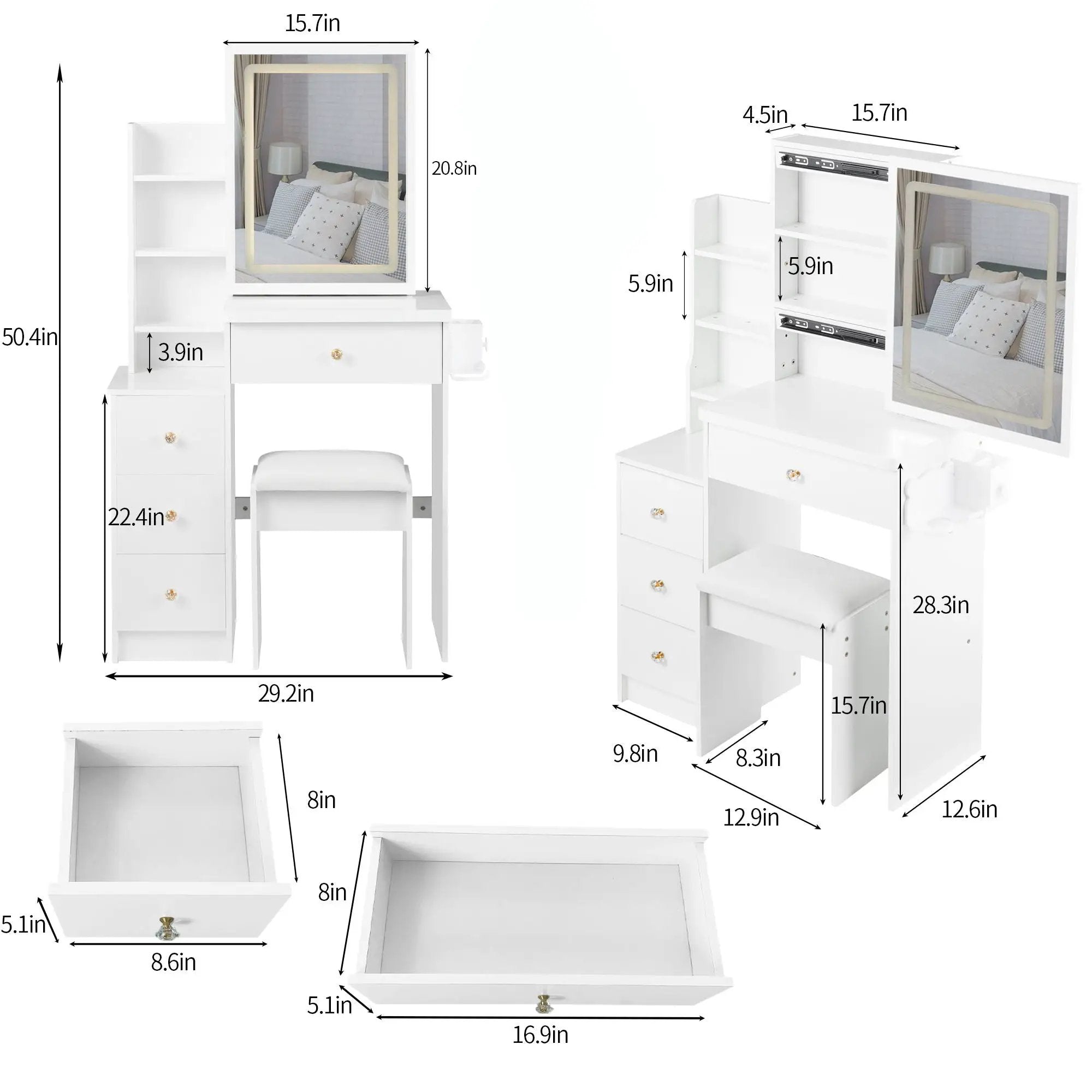 Cabinet Vanity Table & Cushioned Stool, USB Power Station, Hair Dryer Bracket - White by HouseOfZazla