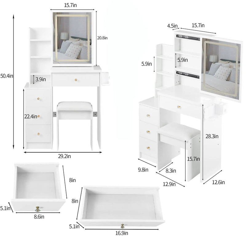 Cabinet Vanity Table & Cushioned Stool, USB Power Station, Hair Dryer Bracket - White by HouseOfZazla