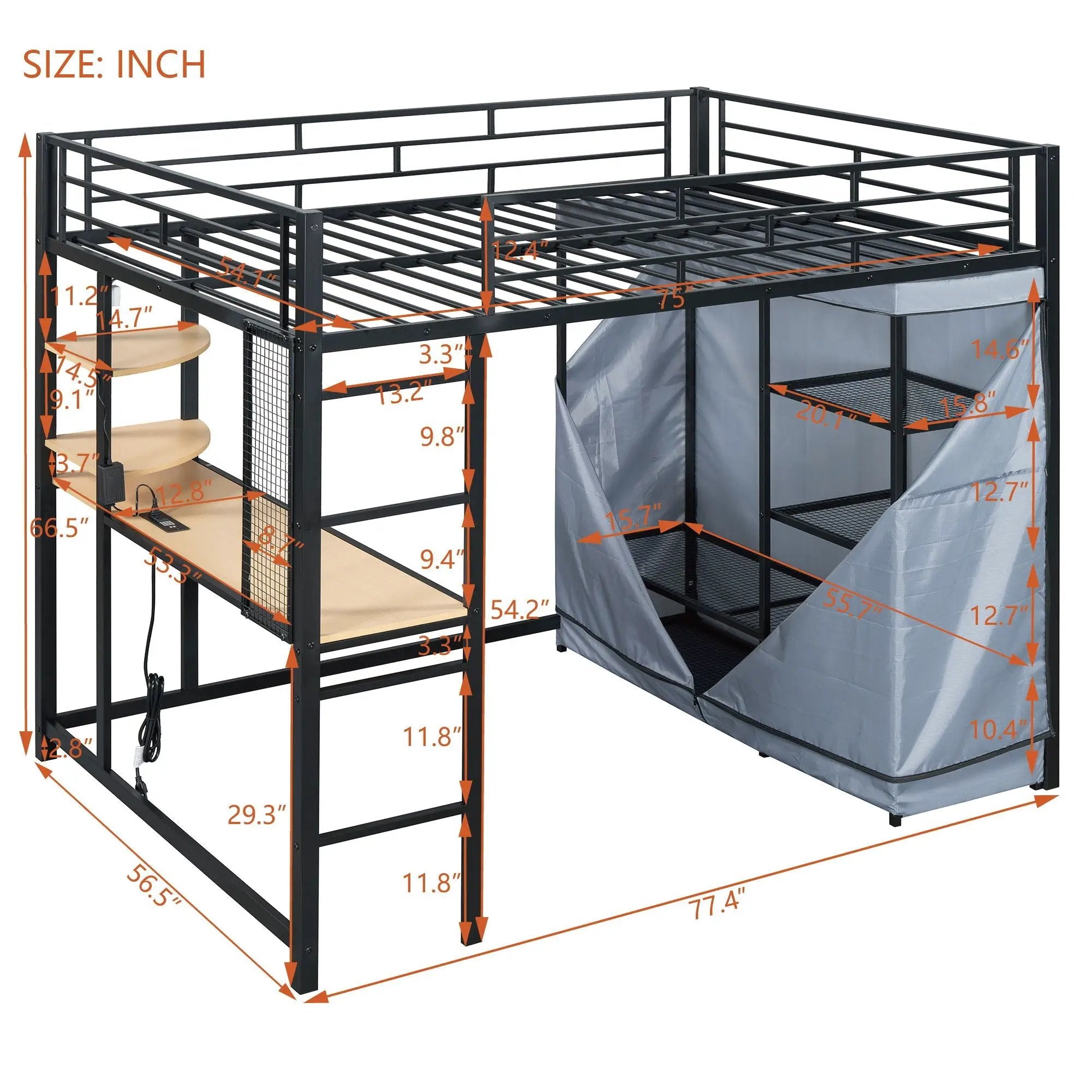 Loft Bed With Desk, Shelves, Power Outlet, LED Light And Wardrobe by HouseOfZazla