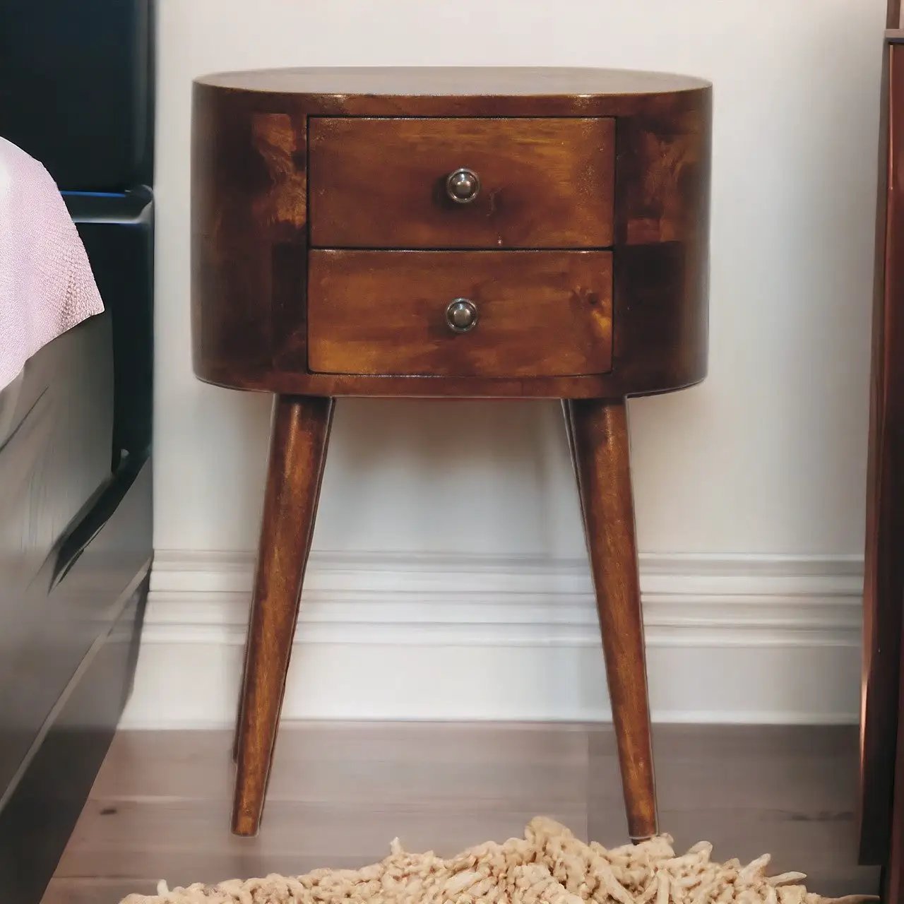 Solid Wood Mini Chestnut Rounded Nightstand, 2-Drawers, Nordic Legs by HouseOfZazla