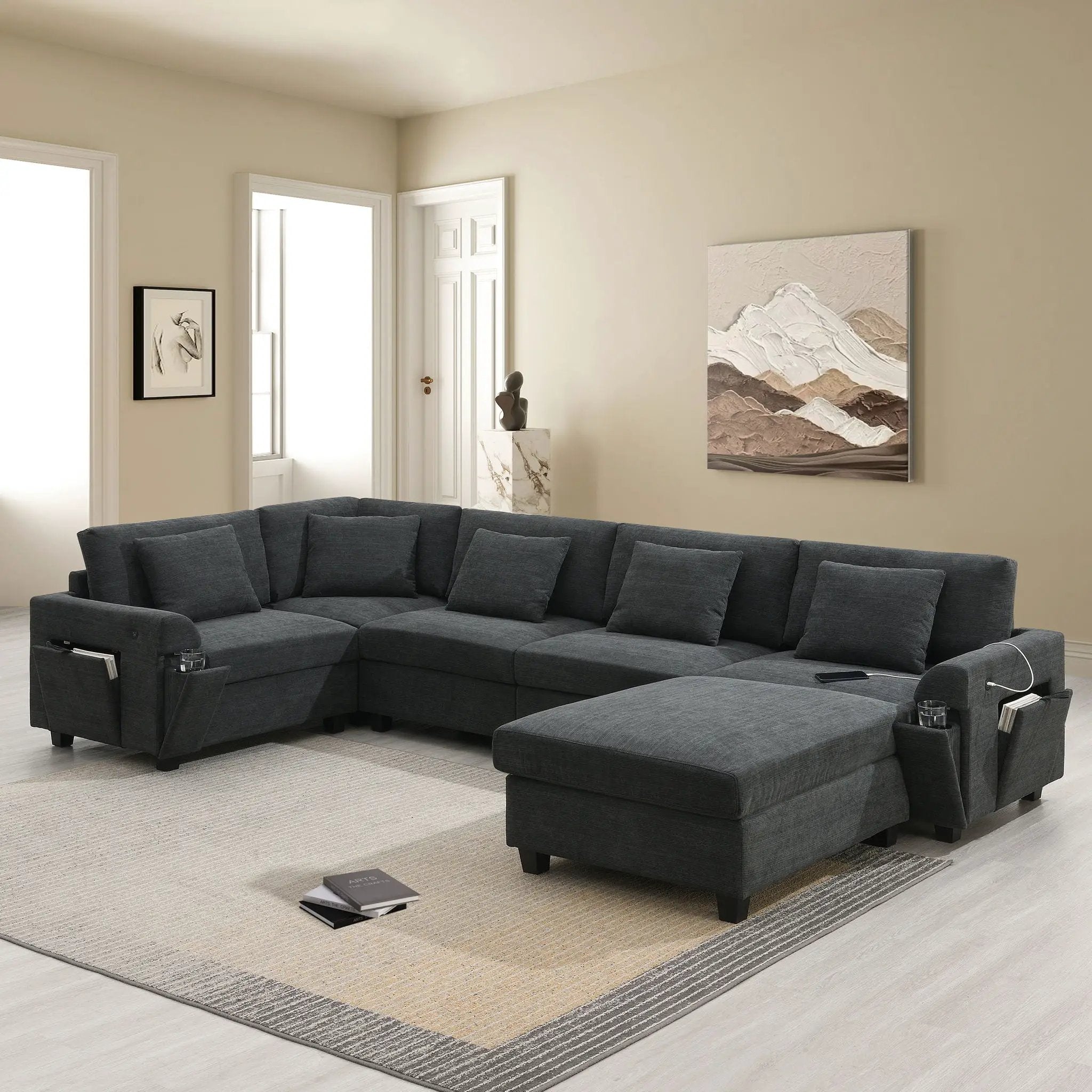 U Shaped Sectional Sofa 6 Seat Couch Set With Oversized Ottoman, Hidden Armrest Storage And Cup Holders USB Charging Ports Wide Seat Sofa by HouseOfZazla