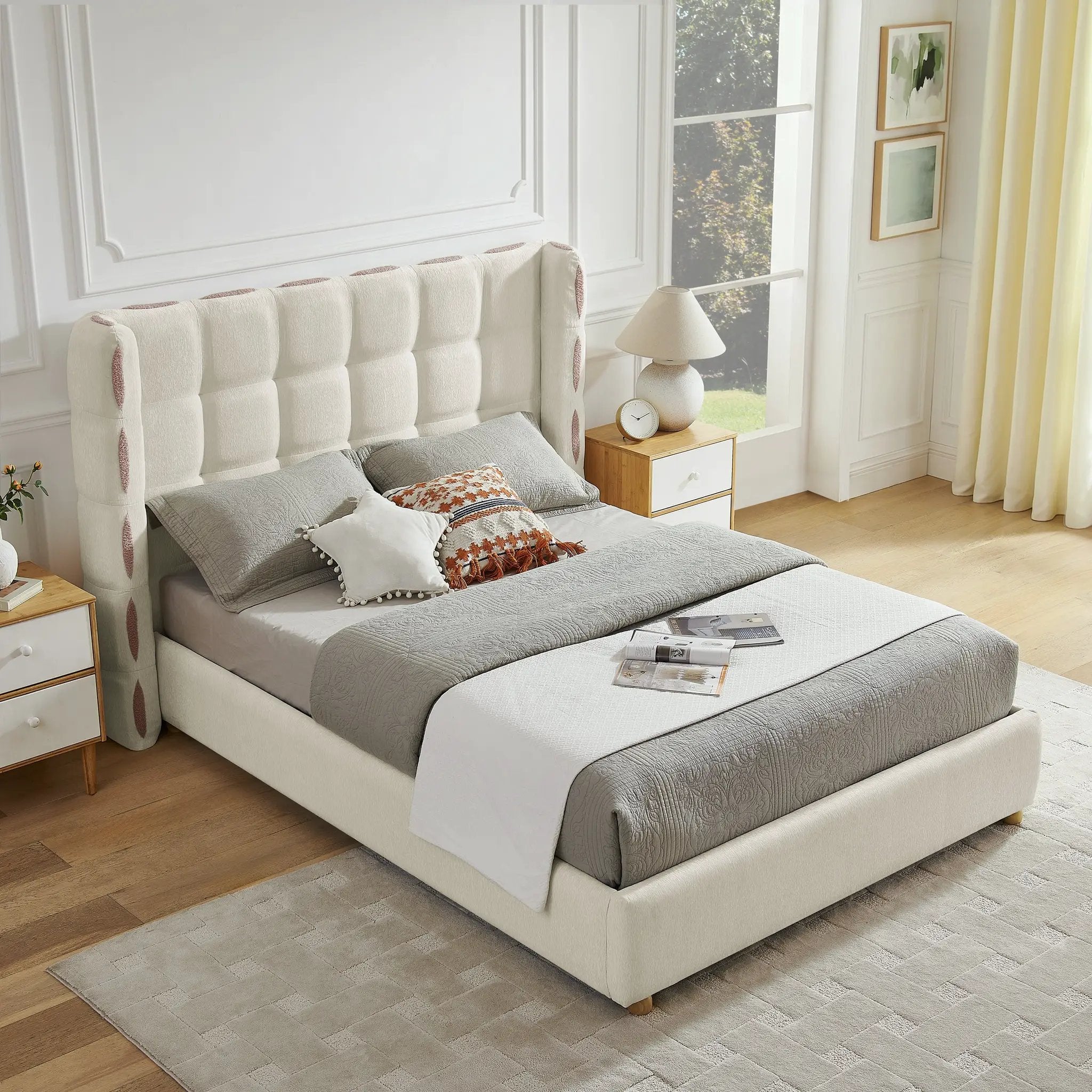 Queen Size Removable Chenille Wingback Upholstered Waffle Bed by HouseOfZazla