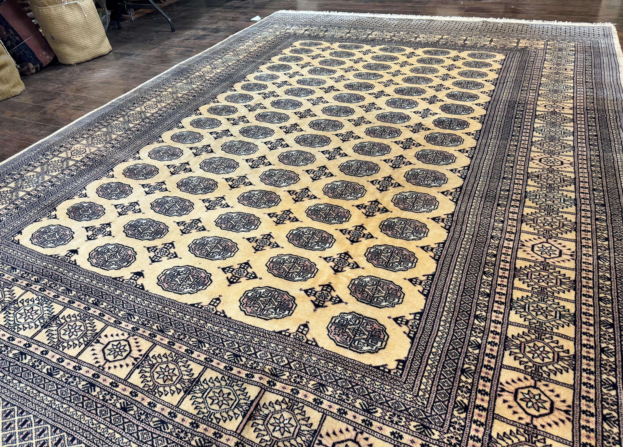 Pakistani Bokhara Turkoman Rug 9x11, Cream, Handmade Wool Vintage Carpet by Jewel Rugs