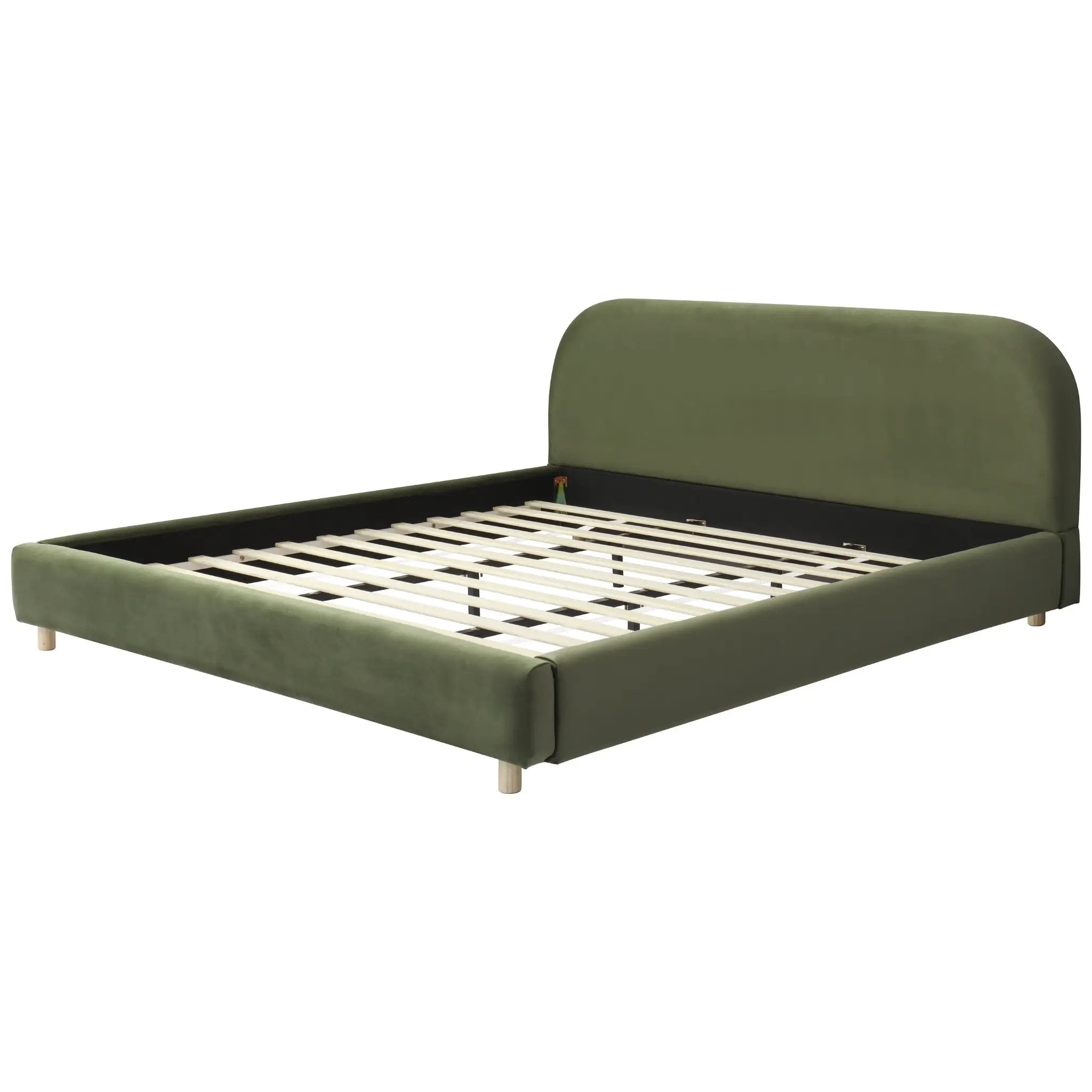 California King Size Upholstered Bed Frame With Velvet Fabric And Curve Design Thick Headboard, Solid Wood Legs, Olive by HouseOfZazla