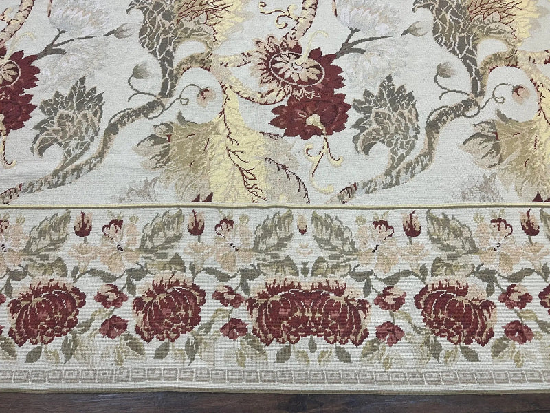 Extra Large Needlepoint Rug 14 x 20, Vintage Handwoven Handmade Wool Flatweave Carpet, Allover Floral Pattern, Elegant European Deisgn Rug by Jewel Rugs