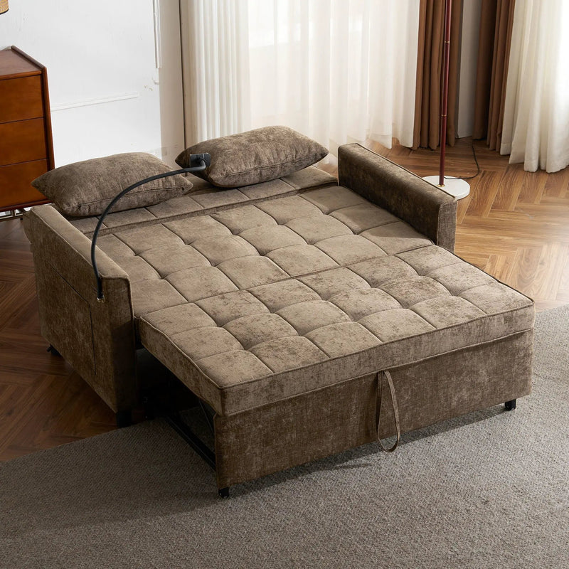 Pull-Out Sleeper Sofa With Reversible Backrest Cushion, Side Pockets, 2 USB Ports And A Phone Holder For Living Room by HouseOfZazla