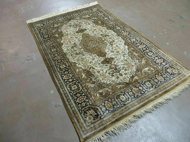 Handmade Silk Rug 3x5, Vintage Antique Silk Carpet, Hand-Knotted Oriental Rug 3 x 5, Animal Motifs, Deer Birds, One-Of-A-Kind by Jewel Rugs