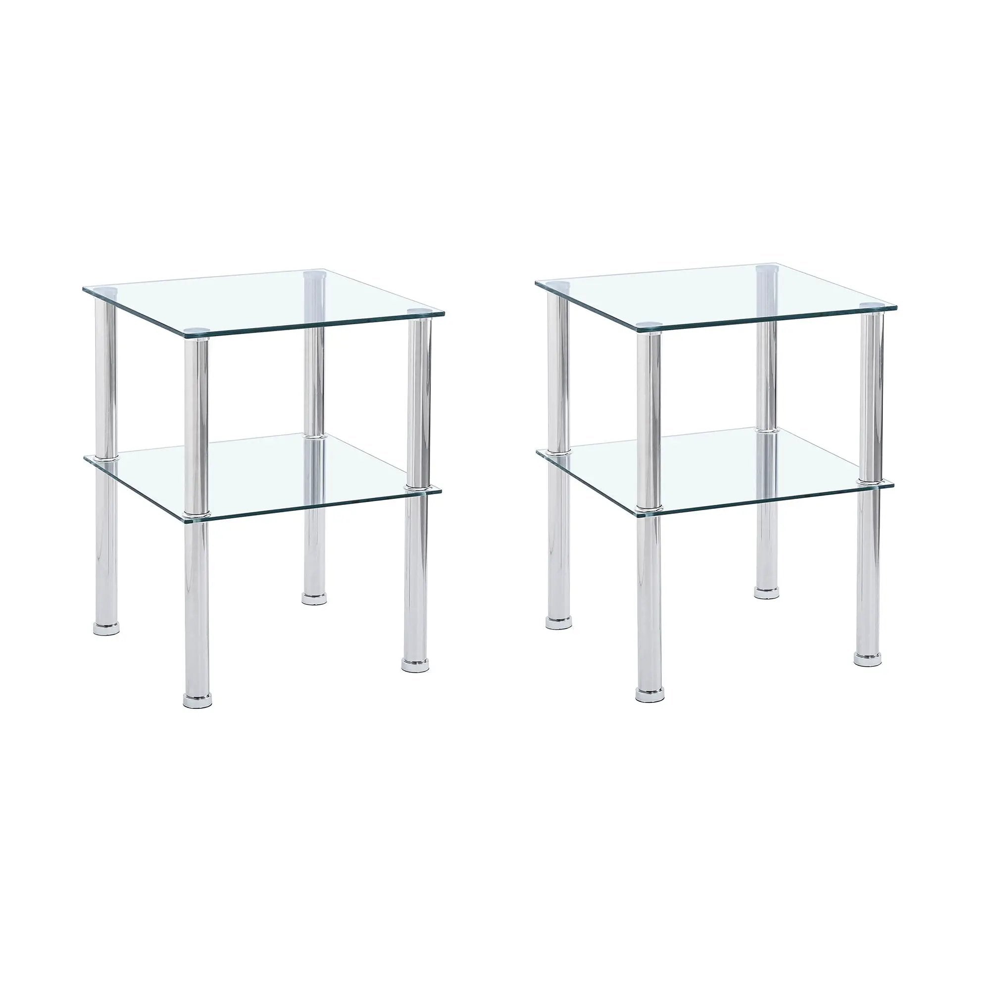 Modern 2 Piece Side Table With Storage Shelf, Tempered Glass, Space Saving Design - Clear by HouseOfZazla