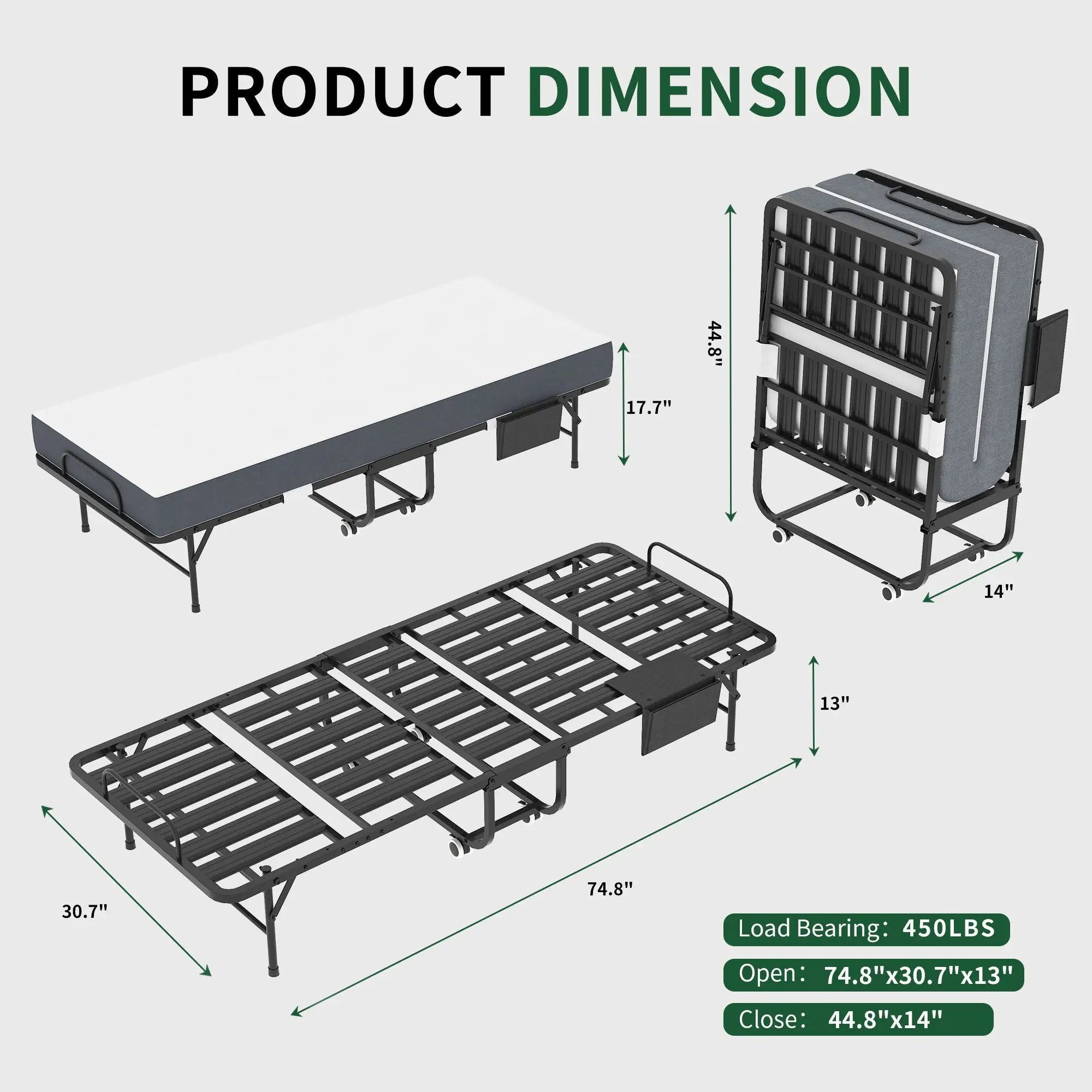 Twin Folding Bed With Memory Foam Mattress, Space Saving Rollaway Guest, On Wheels, Portable For Adults & Guests - Black by Unique Piece Furniture