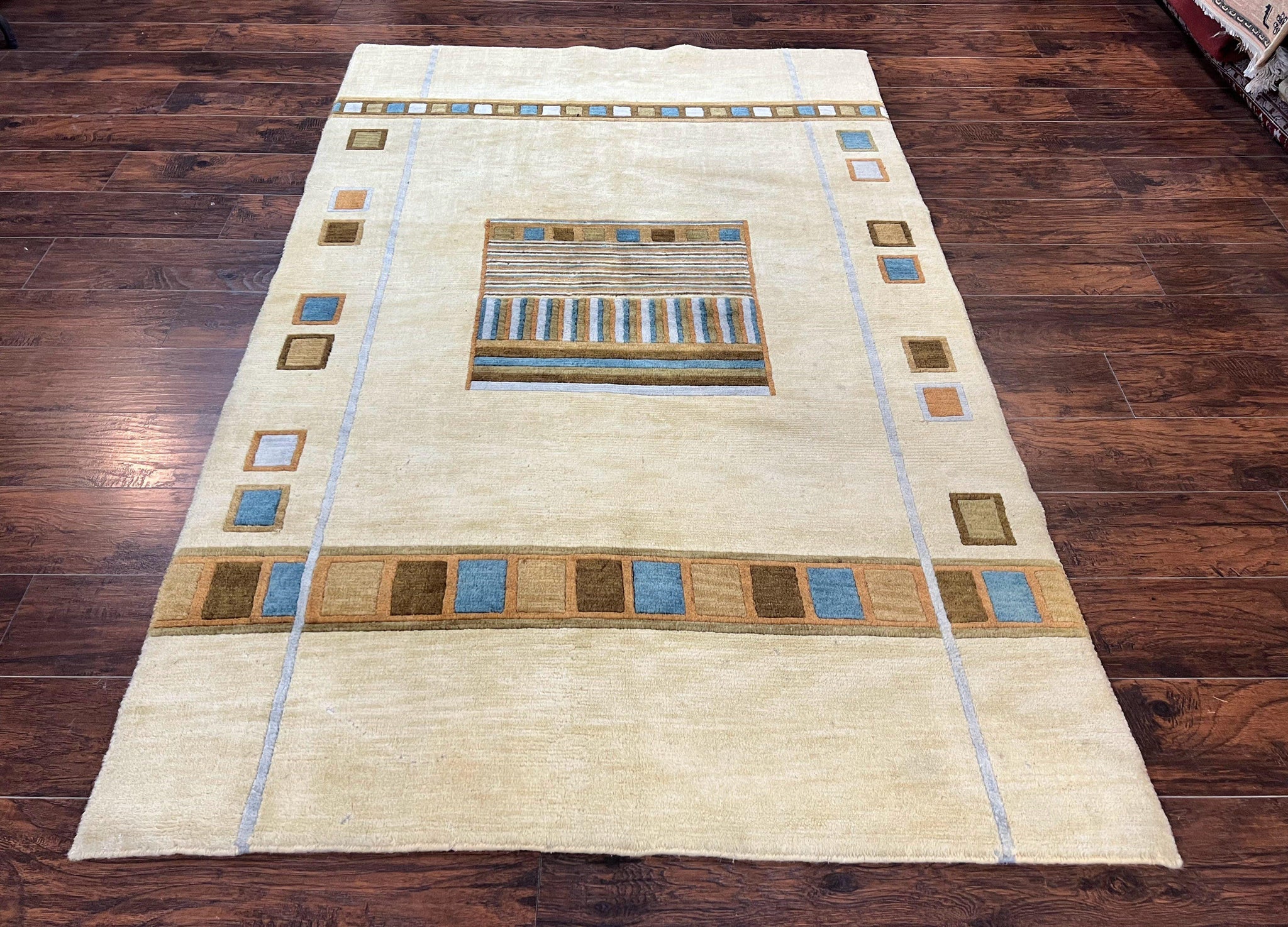 Tibetan Rug 5x8, Contemporary Rug 5 x 8 ft, Cream Brown Blue Hand-Knotted Wool w/ Silk Highlights Tibetan Carpet, Modern Rug by Jewel Rugs