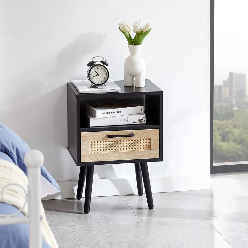 15.75" Rattan End Table With Drawer And Solid Wood Legs, Modern Nightstand, Side Table For Living Room, Bedroom by HouseOfZazla