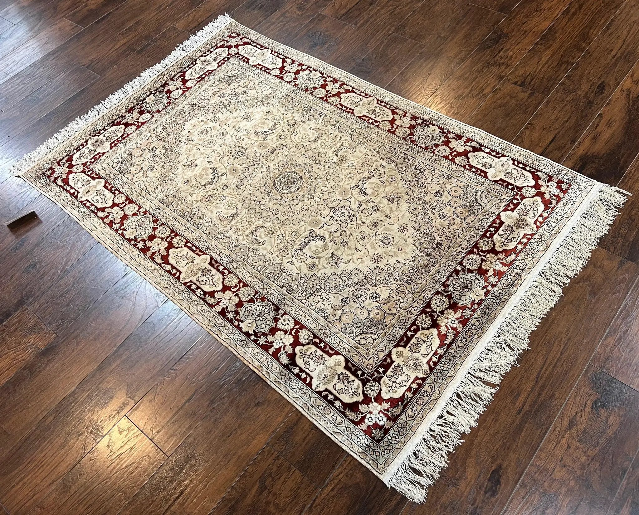 Silk Indian Kashmiri Rug 4x6 ft, Floral Medallion Hand Knotted Handmade Oriental Carpet, Vintage, Cream Burgundy, Very Fine Silk Rug 4 x 6 by Jewel Rugs