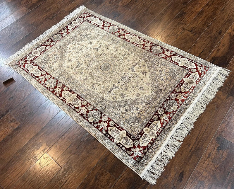 Silk Indian Kashmiri Rug 4x6 ft, Floral Medallion Hand Knotted Handmade Oriental Carpet, Vintage, Cream Burgundy, Very Fine Silk Rug 4 x 6 by Jewel Rugs