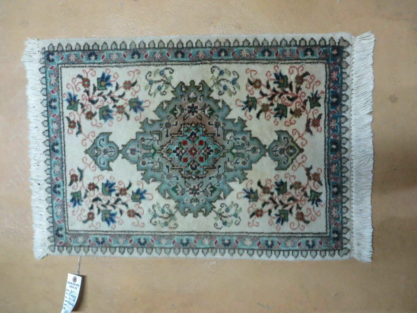 1' 9" X 2' 5" Handmade Indian Wool Rug Lahore Floral Design Small Oriental Rug Beige & Teal by Jewel Rugs