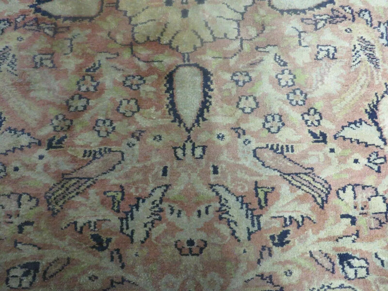 Indian Silk Rug 4x6, Indian Kashmiri Silk Carpet 4 x 6 ft, Vintage Hand Knotted Floral Bird Motifs, Light Pink and Navy Blue, Silk on Cotton by Jewel Rugs