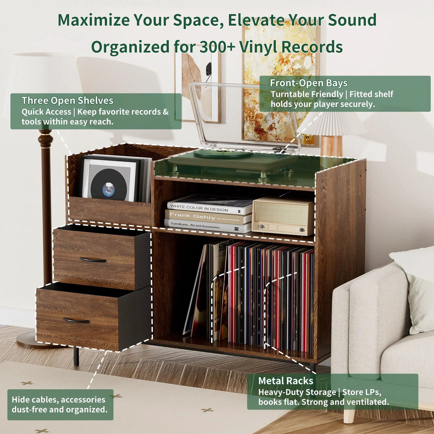 Eco-Friendly Vinyl Record Player Stand With Flip-Top Storage, Media Console With Dual Outlets And Dustproof Drawers by HouseOfZazla