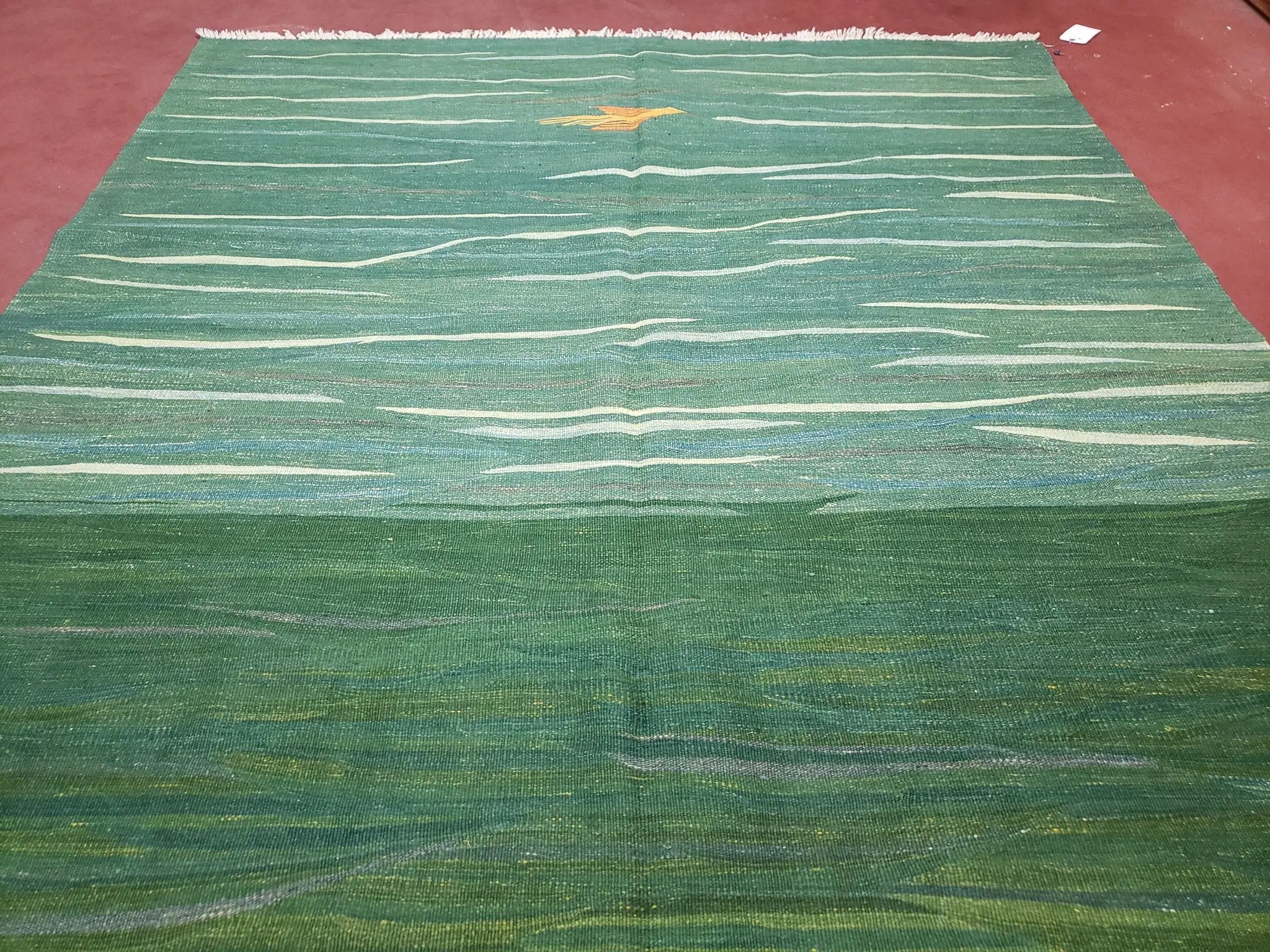 Green Turkish Kilim Rug, 6x9 - 7x10 Rugs, Bird, Handmade New Area Rug, Wool, Bohemian Boho Decor, Hand Woven, Modern Abstract Flat Weave Rug by Jewel Rugs