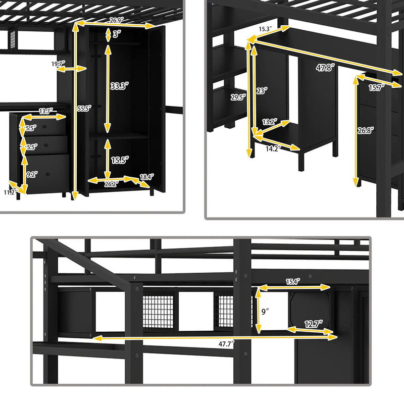 Full Size Loft Bed With Desk Set And Wardrobe - Black by HouseOfZazla