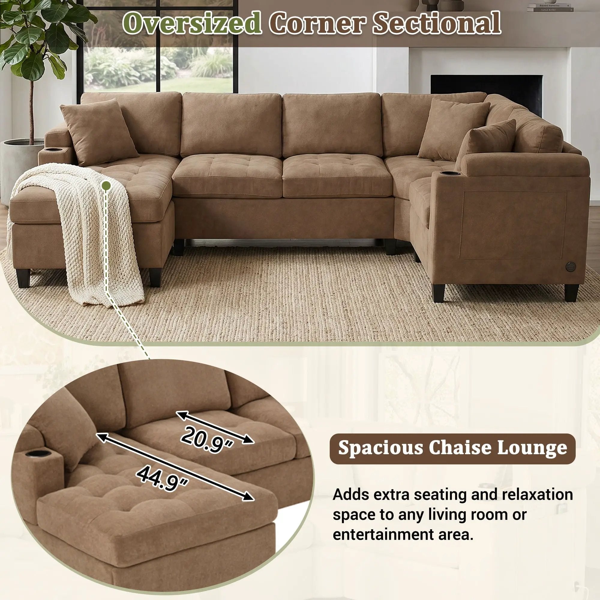 U Shaped Sectional Sofa, Corner Living Room Couch With Built In Cup Holders, Storage, USB Ports by HouseOfZazla