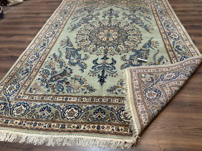 Light Green and Blue Persian Kashan Rug 7x10, Authentic Persian Carpet, Handmade, Wool by Jewel Rugs
