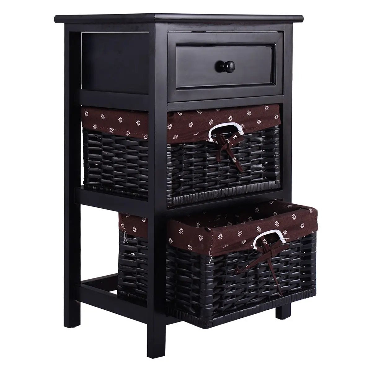 3 Tiers Wooden Storage Nightstand with 2 Baskets and 1 Drawer by DirectDeals