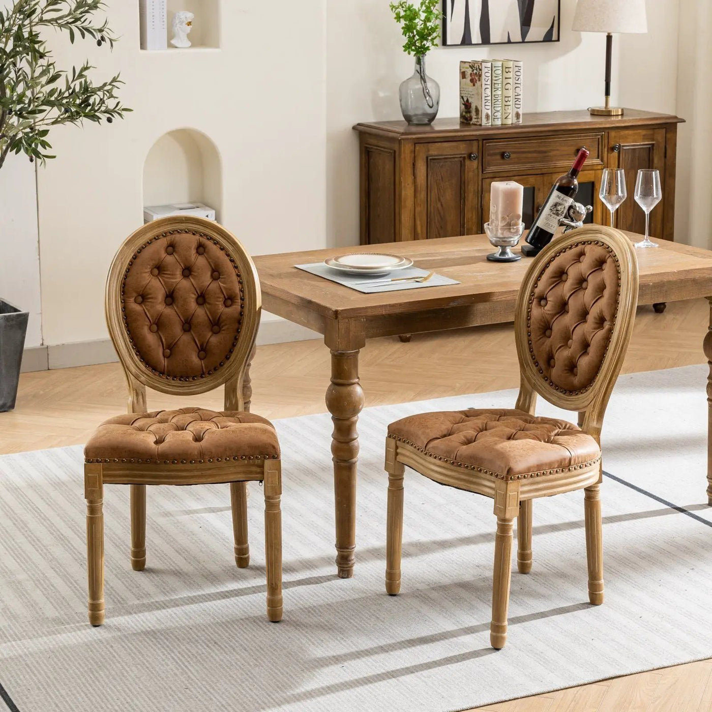 French Style Solid Wood Frame Antique Painting, Hand-Pulled Buckle Decoration Artificial Dining Chair With Nailhead Trim, Wood Legs by HouseOfZazla