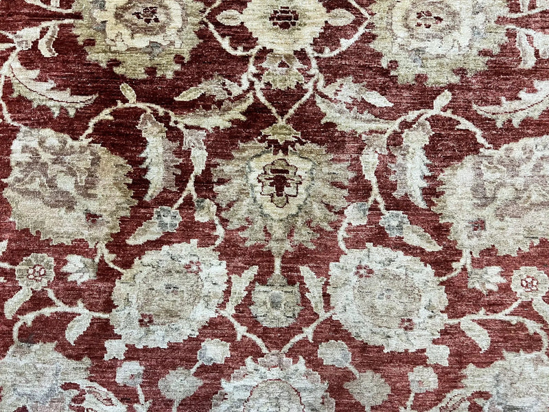Pak Persian Rug 10x14, Sultanabad Mahal Peshawar Chobi Carpet, Large Vintage Wool Oriental Rug, Maroon & Beige, Floral Allover, Handmade by Jewel Rugs