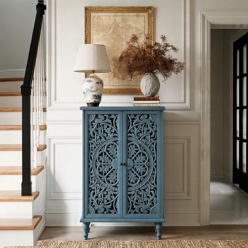 Farmhouse Accent Storage Cabinet, 2 Door Decorative Cabinet with Hollow Carved Doors, Adjustable Shelf, Freestanding Display Cabinet with Turned Legs for Entryway Living Room Dining Room,Antique, photo 2 of 10