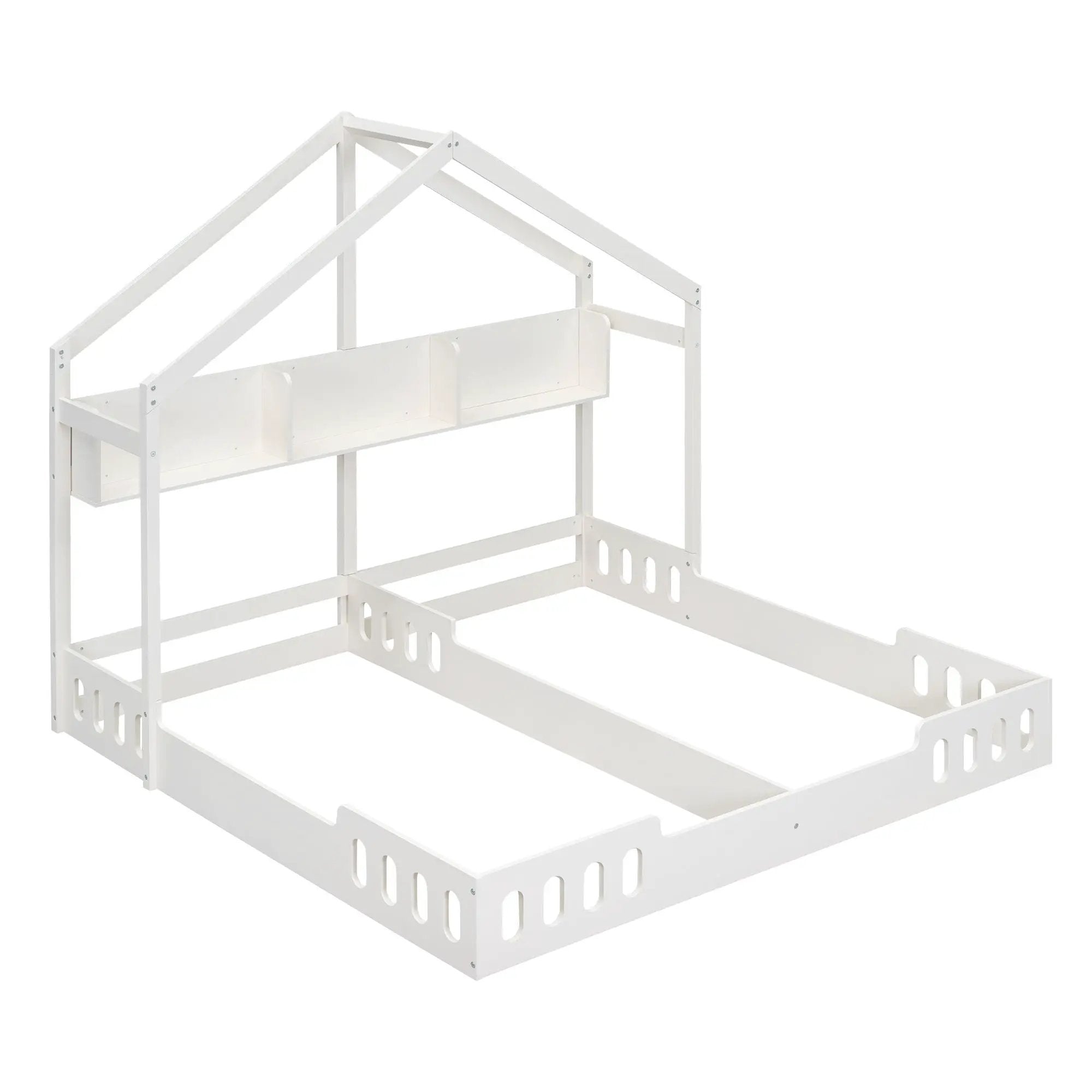 Twin Size Platform Bed With Shared Design, Guardrails, And Built In Shelves - Creamy White by HouseOfZazla