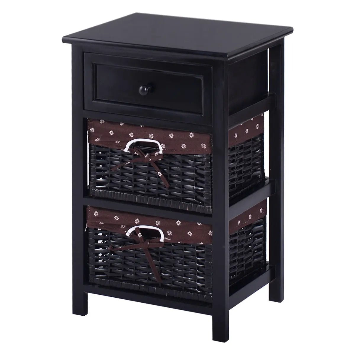 3 Tiers Wooden Storage Nightstand with 2 Baskets and 1 Drawer by DirectDeals