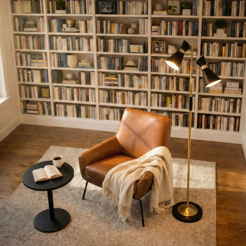 Axis - Floor Lamp With 4 Way Switch Double Spots With Base - Black / Gold by HouseOfZazla