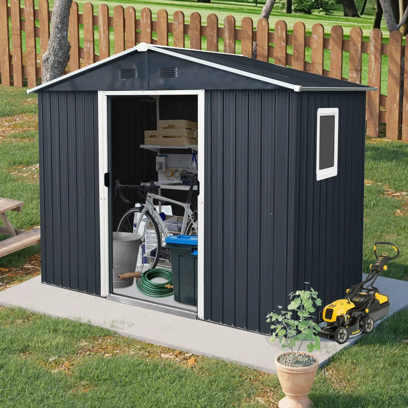 8Ft X 4Ft Outdoor Metal Storage Shed With Window And Metal Foundation For Backyard, Patio, Lawn by HouseOfZazla