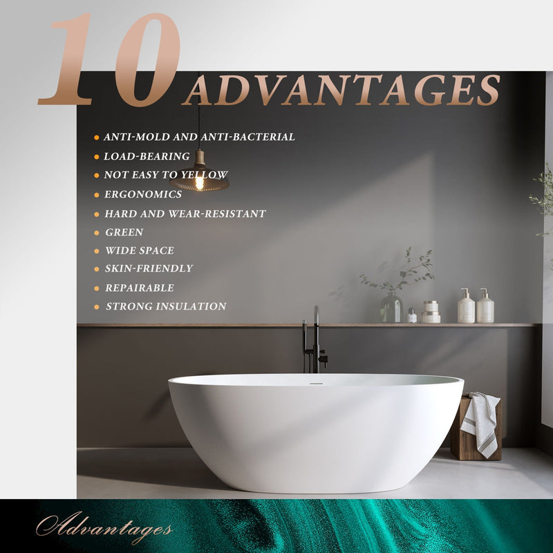 Solid Surface Matte Tub, Solid Surface Soaking Tub, Stone Resin Freestanding Bathtub, Thick Edge Stand Alone Tubs With Overflow, Pop-Up Drain (Oval) - Matte White by HouseOfZazla