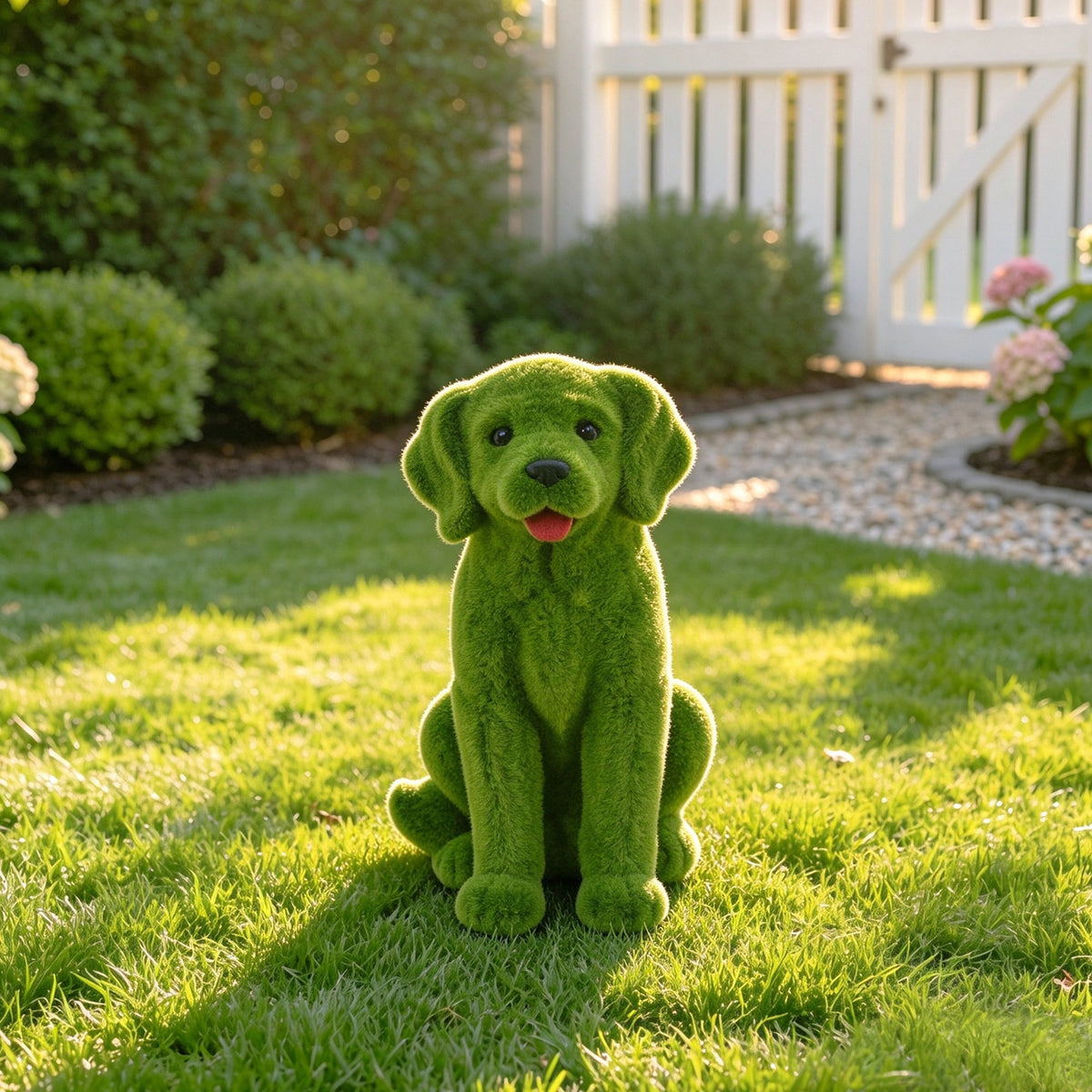 Flocked Resin Dog Garden Statue with Weatherproof Finish - Green