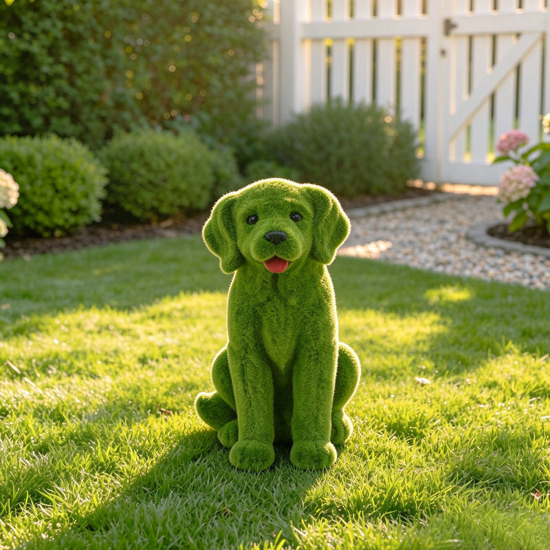 Flocked Resin Dog Garden Statue with Weatherproof Finish - Green