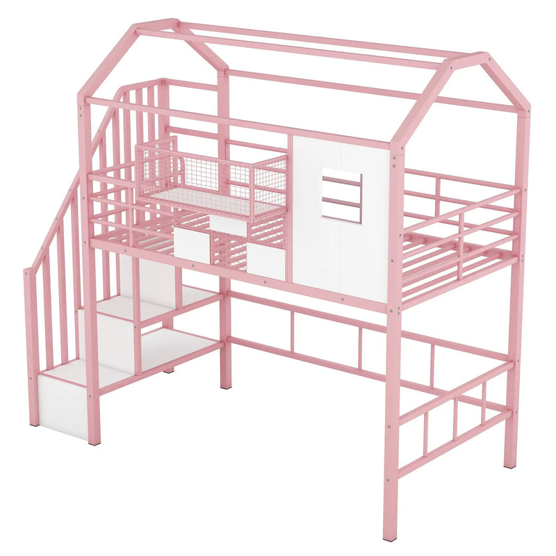 Metal Loft Bed With Roof Design And Storage Box With Guardrails And Integrated Ladder by HouseOfZazla