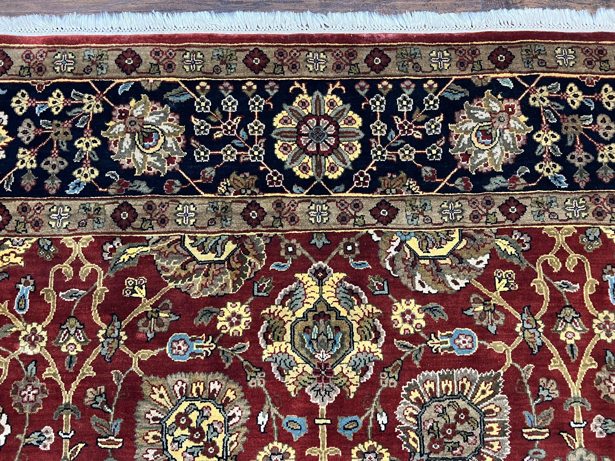 Indo Persian Rug 9x12, Hand Knotted Traditional Indian Wool Oriental Carpet 9 x 12 ft, Maroon and Navy Blue, Floral Allover 9x12 Vintage Rug by Jewel Rugs