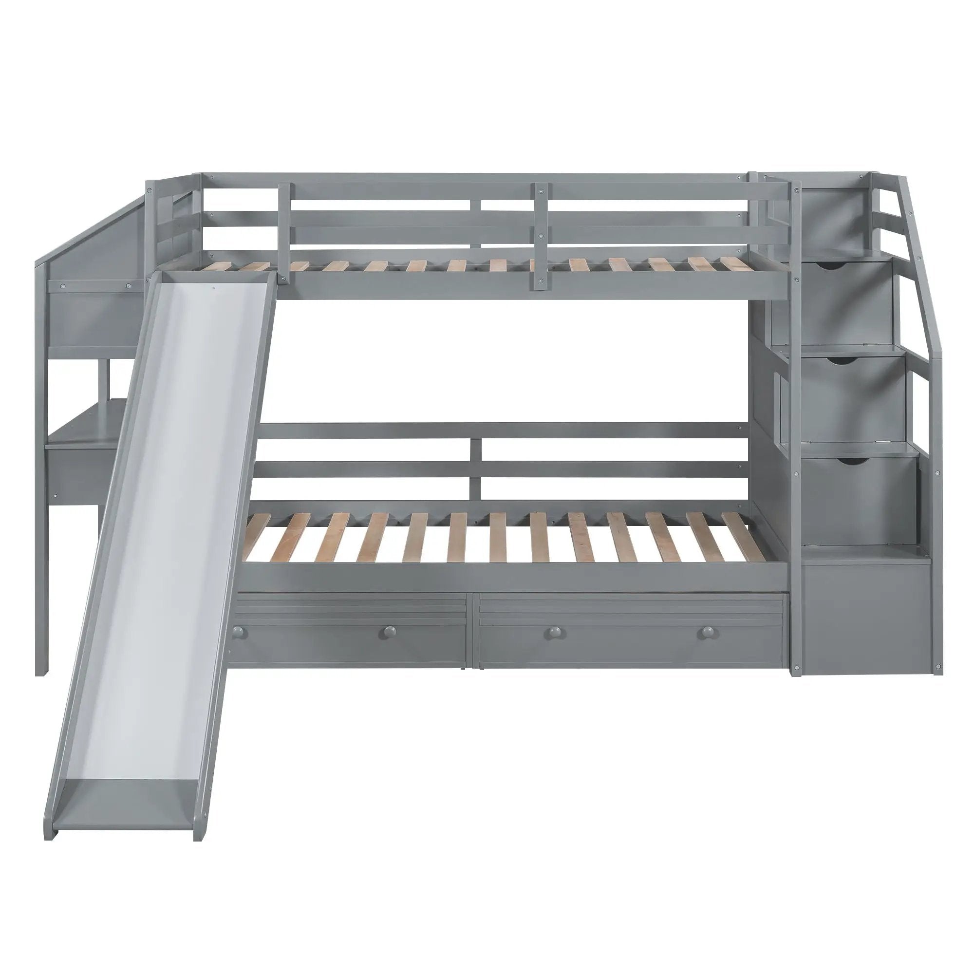 Bunk Bed With Storage Staircase, Slide, Desk, Drawers, And Shelves