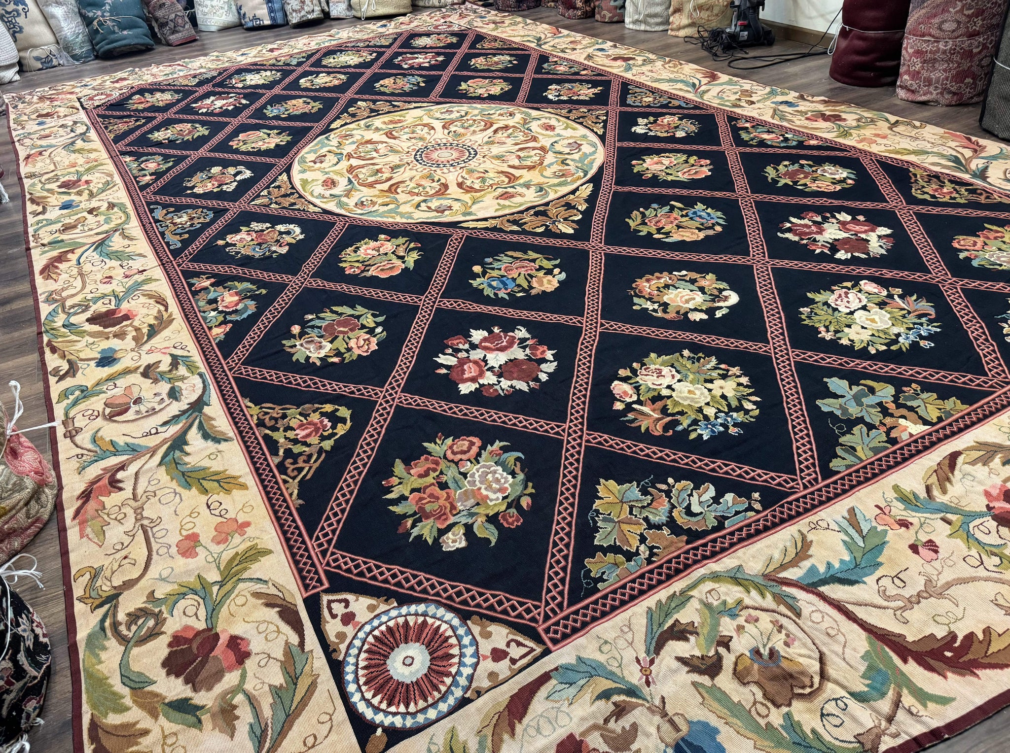 Palace Size Needlepoint Rug 12x20, European French English Aubusson Floral Design, Black and Beige by Jewel Rugs