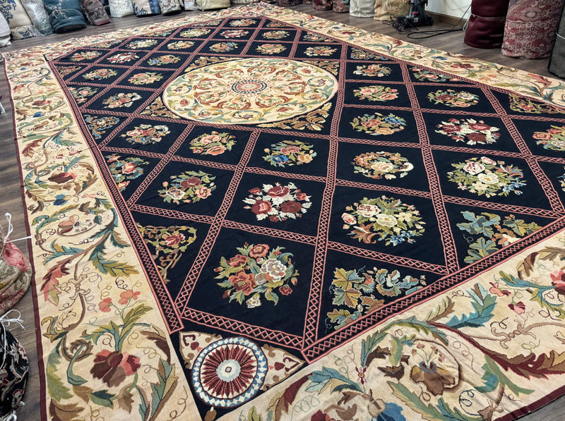 Palace Size Needlepoint Rug 12x20, European French English Aubusson Floral Design, Black and Beige by Jewel Rugs