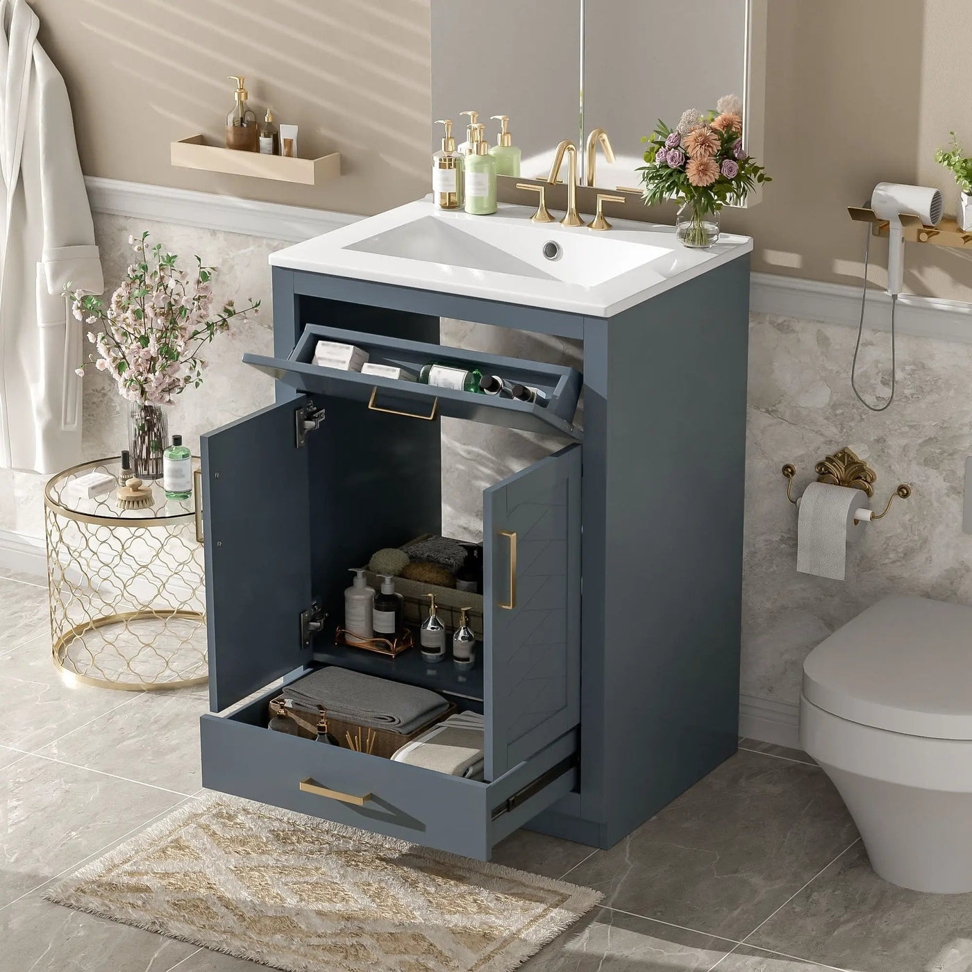 Modern Bathroom Vanity With Integrated Ceramic Sink, 2 Door Cabinet With Tip-Out Drawer by Unique Piece Furniture