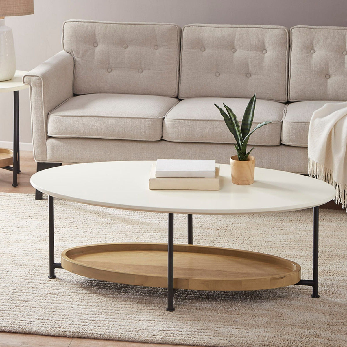 Oval Coffee Table with Storage Shelf - White / Natural, photo 6 of 7
