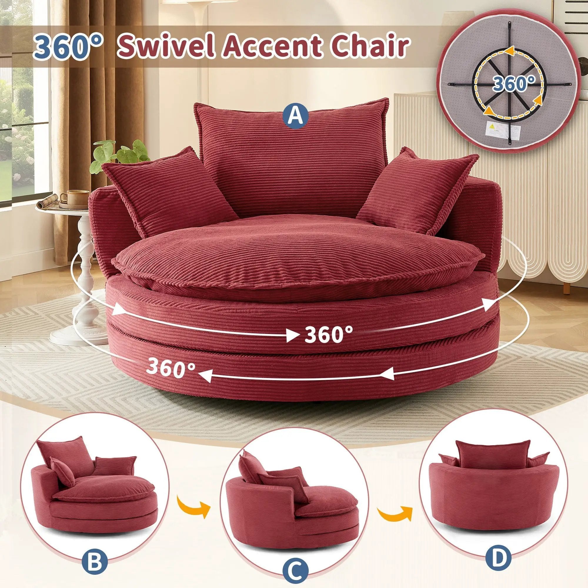 360° Swivel Accent Barrel Chair With Dual Layer Cushion And 3 Removable Pillows by Unique Piece Furniture